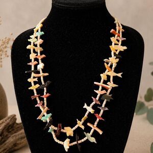 Vintage Southwest Fetish Bird Necklace | Double Strand Heshi Beads | Tested Silv